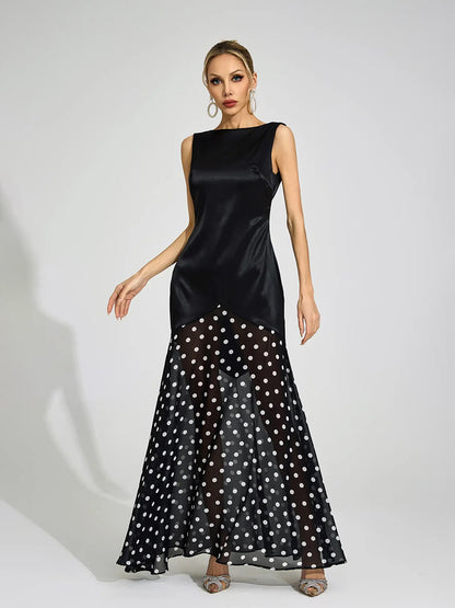 Chloe Satin Polka Dot Mesh Two-Tone Maxi Dress