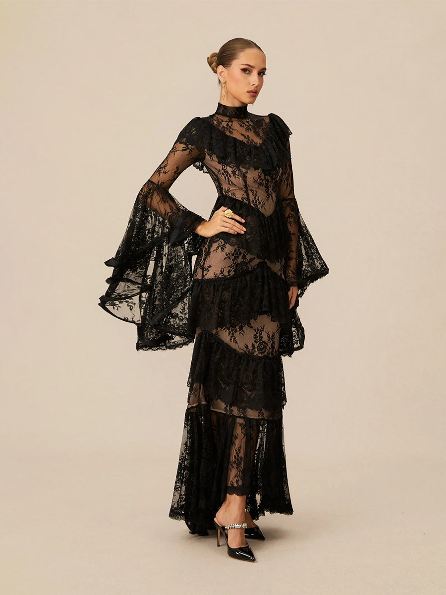 Elina Tiered Ruffle Sheer Lace Maxi Dress