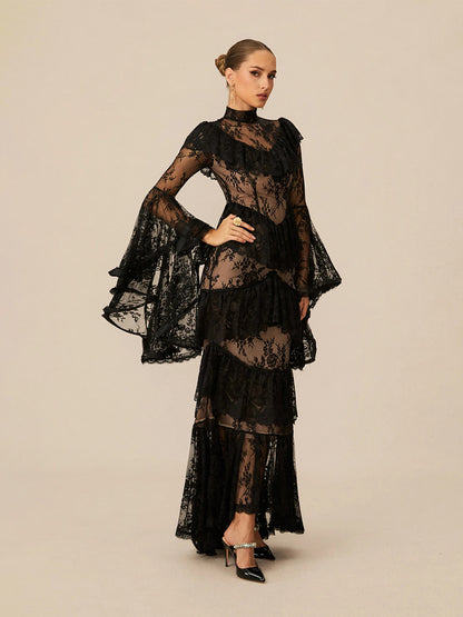 Elina Tiered Ruffle Sheer Lace Maxi Dress