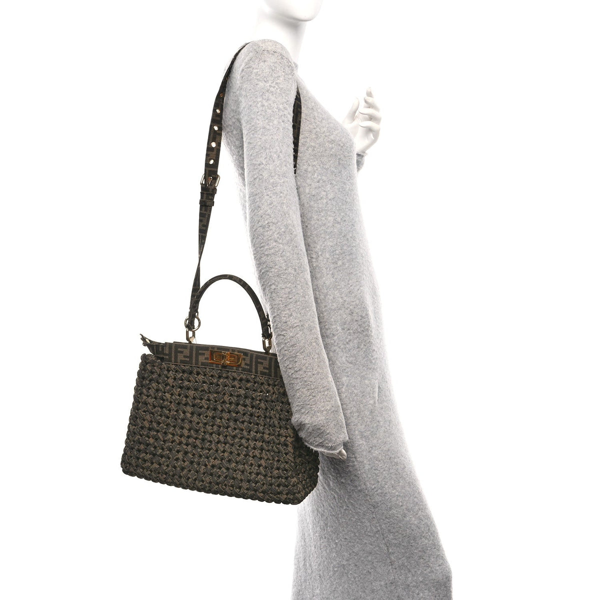 Fabric Jacquard FF 1974 Woven Knotted Medium Peekaboo Iconic Satchel Tobacco Moro