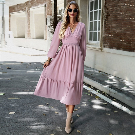 High Waist Solid Color V-Neck Dress