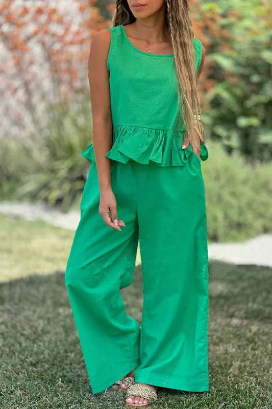 Cotton And Linen Solid Color Sleeveless Top \u0026 Wide Leg Pants Two-Piece Set