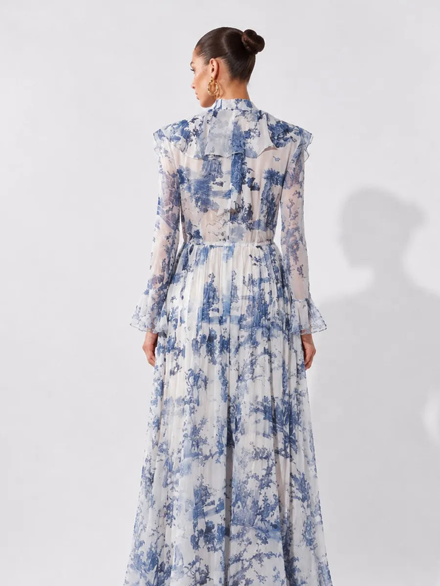 Vanessa Palace-Print Chiffon Long-Sleeve Maxi Dress