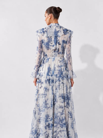 Vanessa Palace-Print Chiffon Long-Sleeve Maxi Dress
