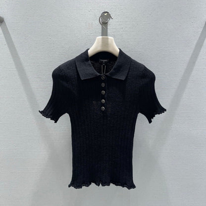 CC 26S Ribbed Knit Short-sleeve Black Linen Cotton 349010