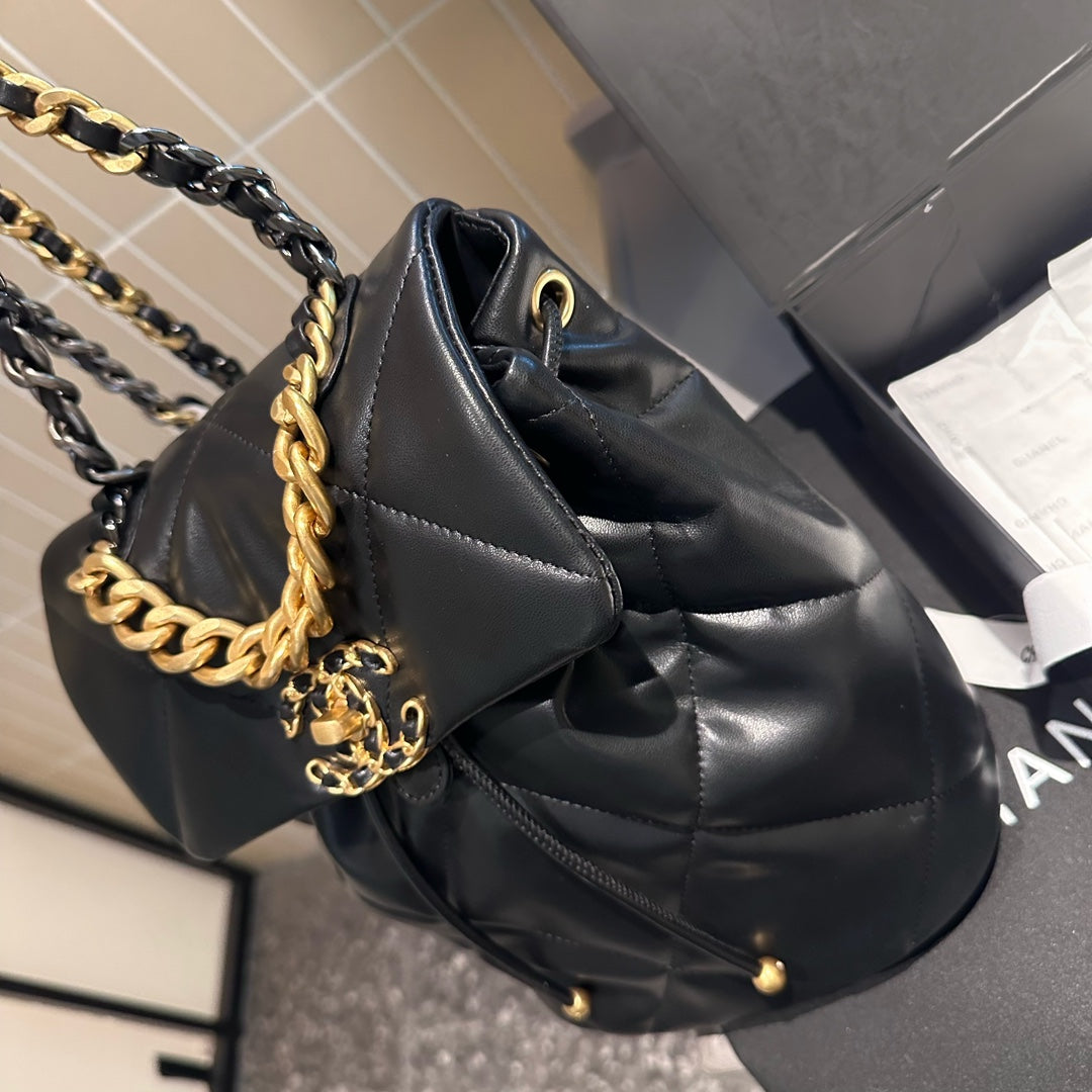 CHANEL 24C Black Lambskin Quilted 19 Flap Backpack Mixed Hardware