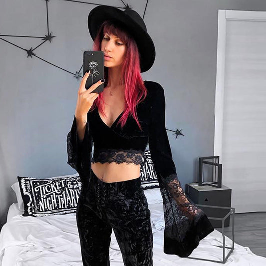 Sheer Crop Top With Lace Insert And Bell Sleeves