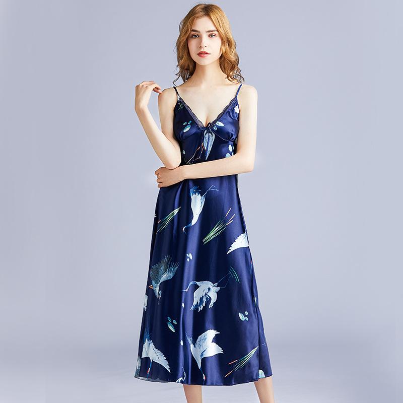 Large Version Of Silk Sexy Pajamas Ladies Summer Long Simple Slings Pajamas Home Clothing.