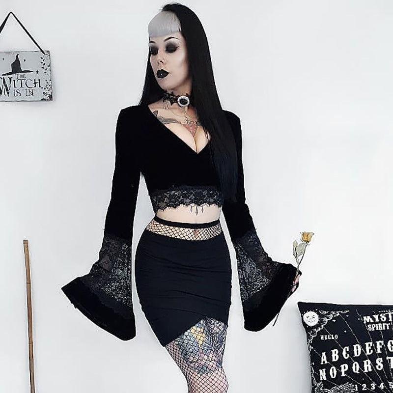 Sheer Crop Top With Lace Insert And Bell Sleeves