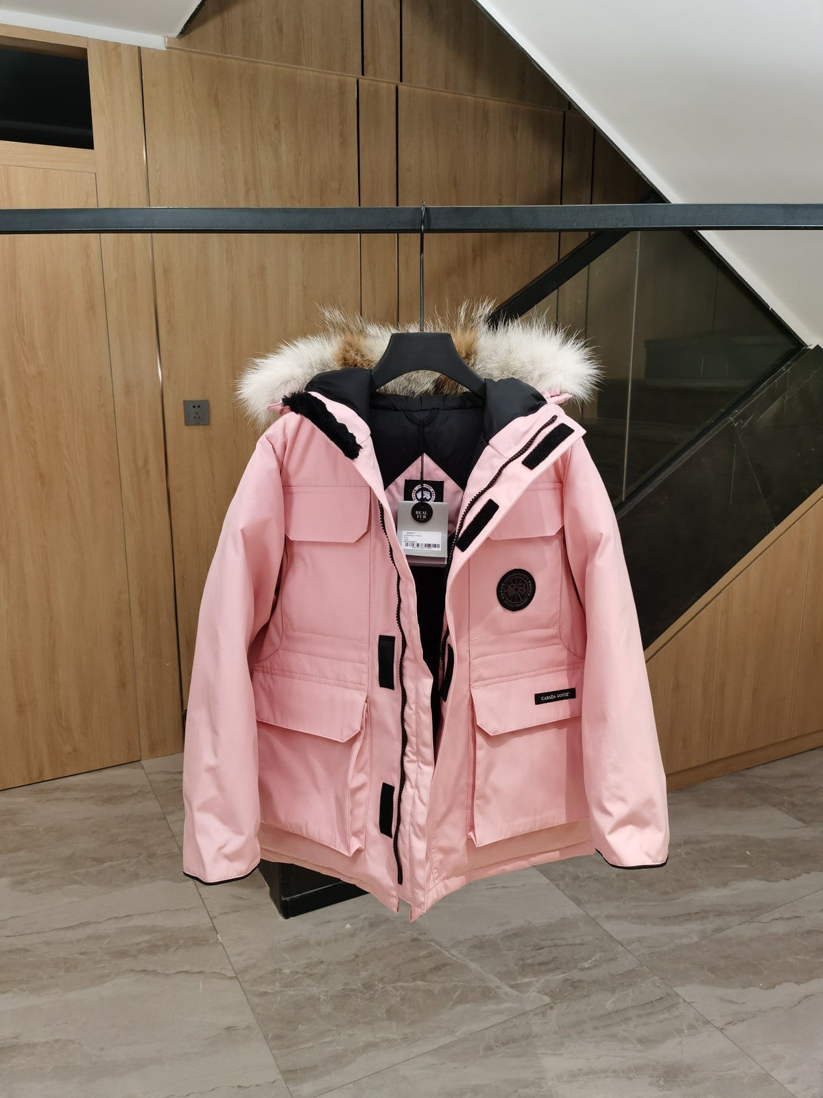Canada Goose Children Parka Jacket Sandy Pink Fox Fur Polyester Cotton