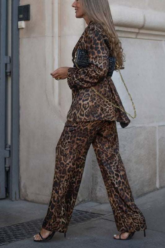 Leopard print suit and wide-leg pants two-piece set