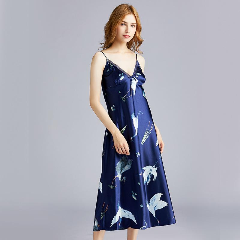 Large Version Of Silk Sexy Pajamas Ladies Summer Long Simple Slings Pajamas Home Clothing.
