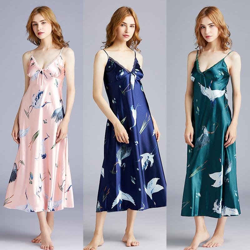 Large Version Of Silk Sexy Pajamas Ladies Summer Long Simple Slings Pajamas Home Clothing.