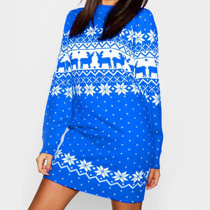 Autumn And Winter New Women'S Christmas Print Long-Sleeved Dress