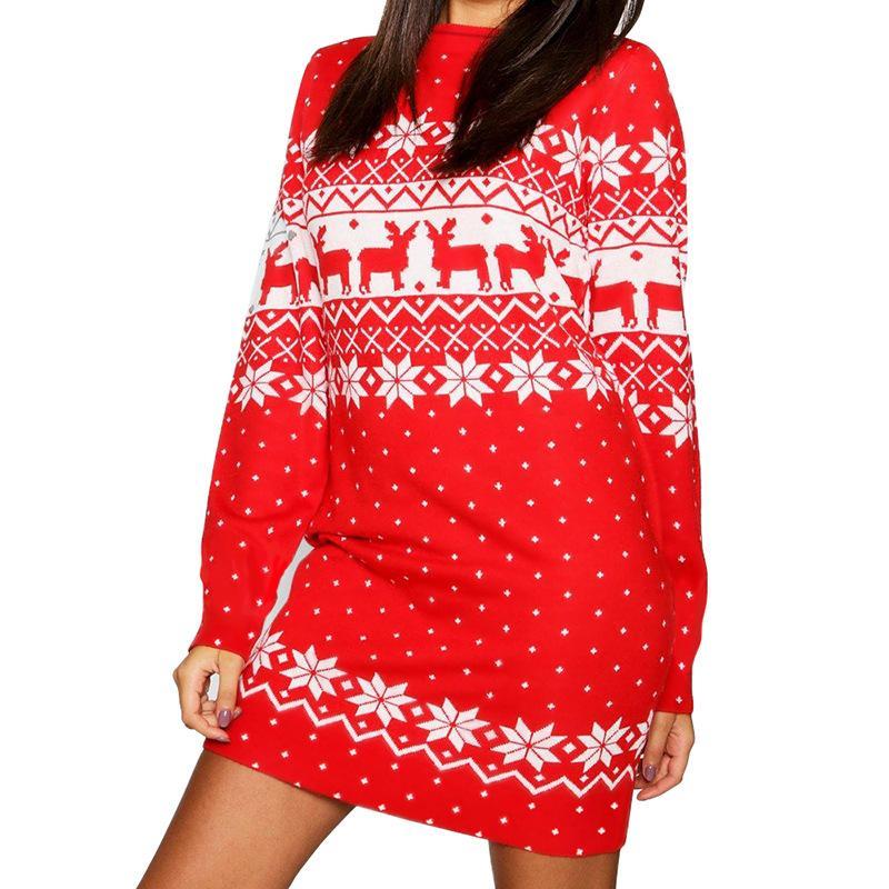 Autumn And Winter New Women'S Christmas Print Long-Sleeved Dress
