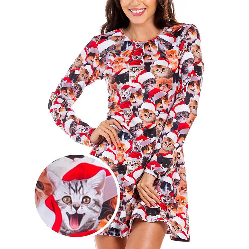 Autumn And Winter New Christmas Clothing Print Long-Sleeved Women'S Dress