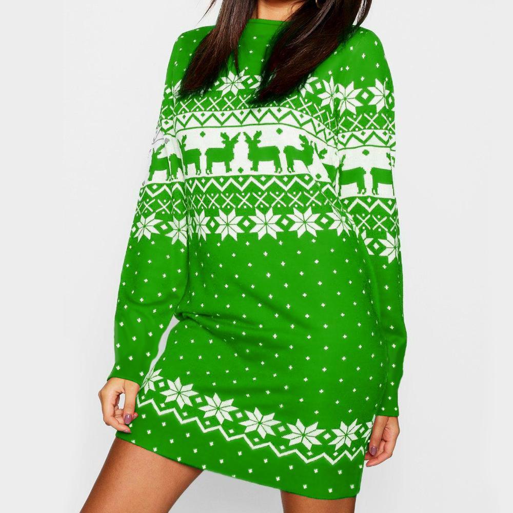 Autumn And Winter New Women'S Christmas Print Long-Sleeved Dress