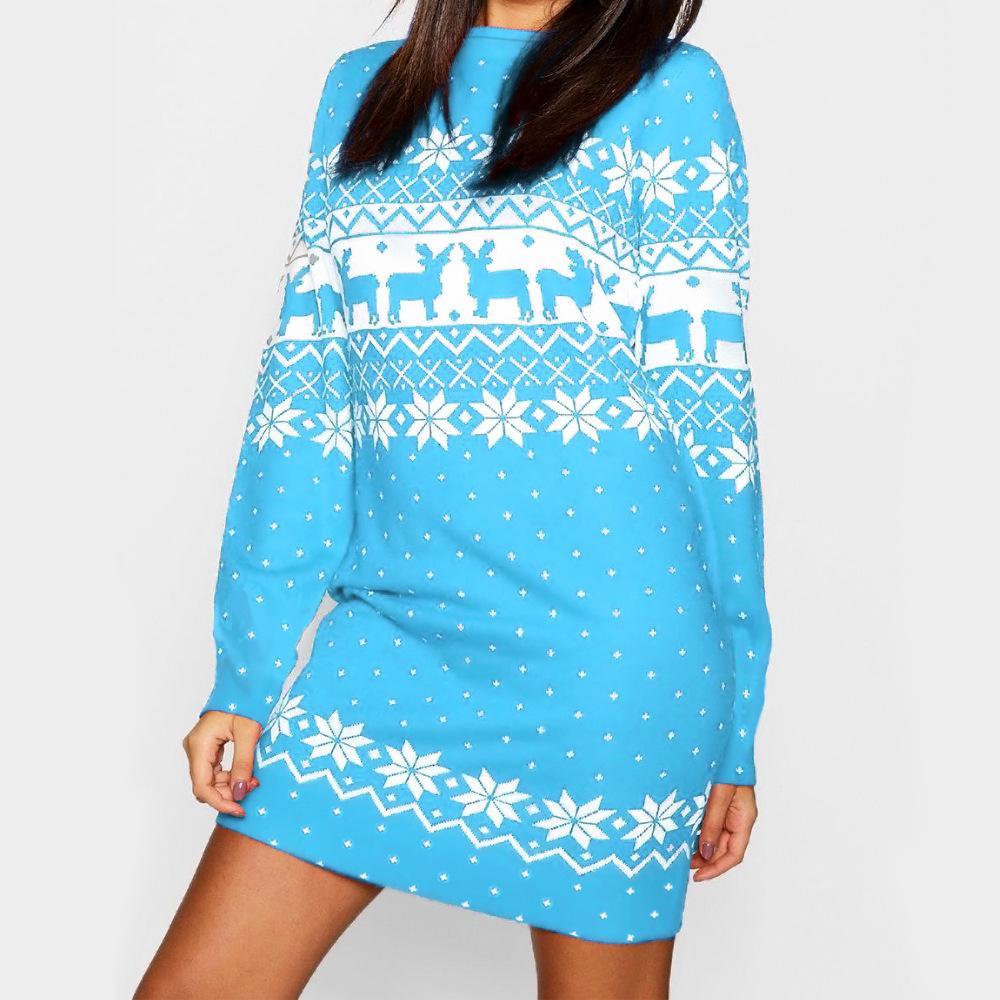 Autumn And Winter New Women'S Christmas Print Long-Sleeved Dress