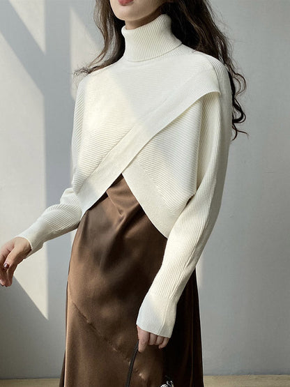 Stylish 4 Colors Knitting High-Neck Asymmetric Split-Front Sweater