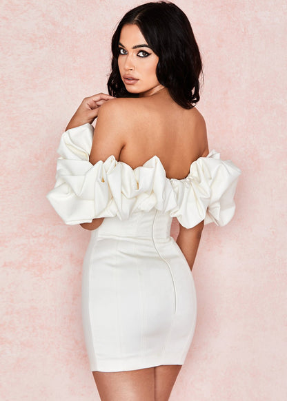 Off Shoulder Mini Dress White Lightweight Fabric