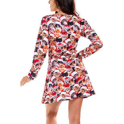 Autumn And Winter New Christmas Clothing Print Long-Sleeved Women'S Dress