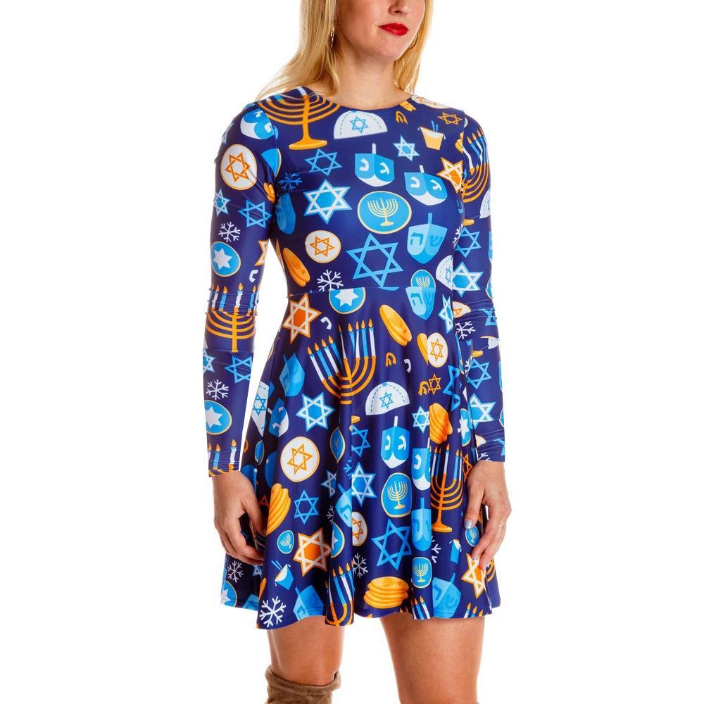 Autumn And Winter New Christmas Clothing Print Long-Sleeved Women'S Dress
