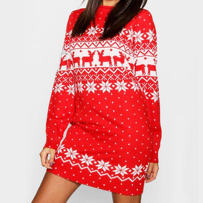 Autumn And Winter New Women'S Christmas Print Long-Sleeved Dress