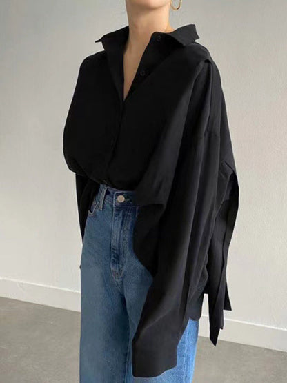 Loose Wrap Buttoned Pleated Solid Color Lapel Blouses&Shirts Tops