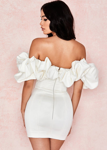 Off Shoulder Mini Dress White Lightweight Fabric