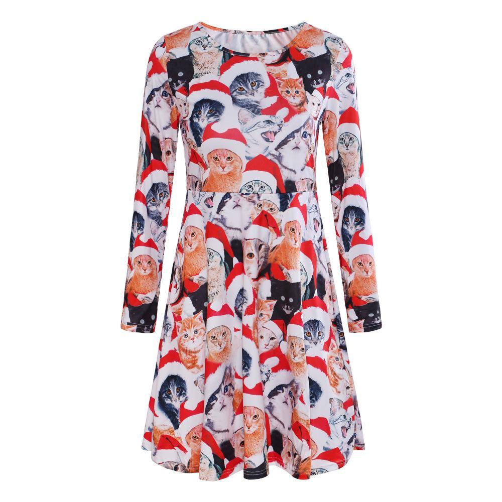 Autumn And Winter New Christmas Clothing Print Long-Sleeved Women'S Dress