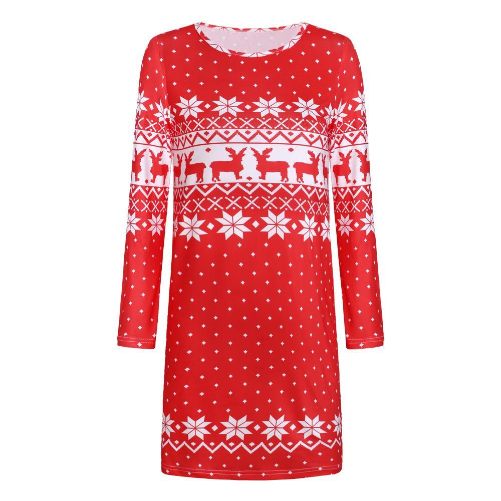 Autumn And Winter New Women'S Christmas Print Long-Sleeved Dress