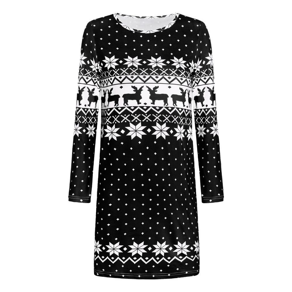 Autumn And Winter New Women'S Christmas Print Long-Sleeved Dress