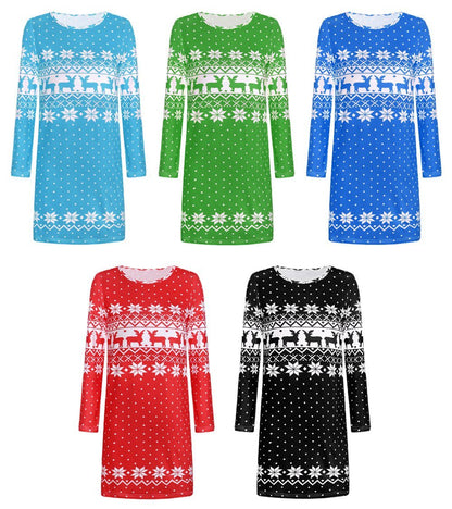 Autumn And Winter New Women'S Christmas Print Long-Sleeved Dress