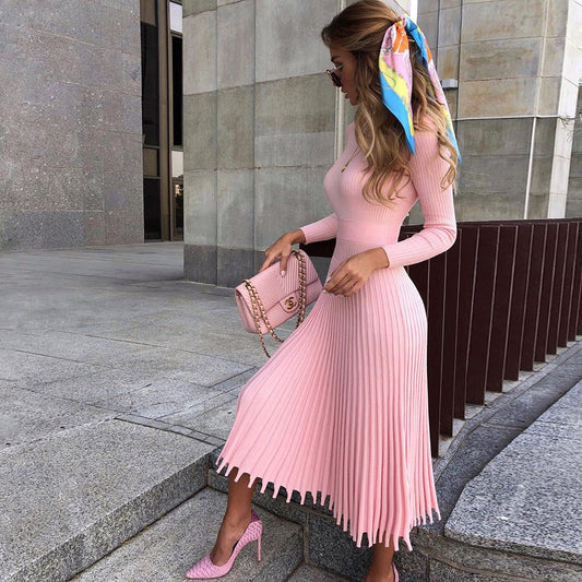 Fashion Women'S Medium Length Sweater Knitted Solid Pleated Dress