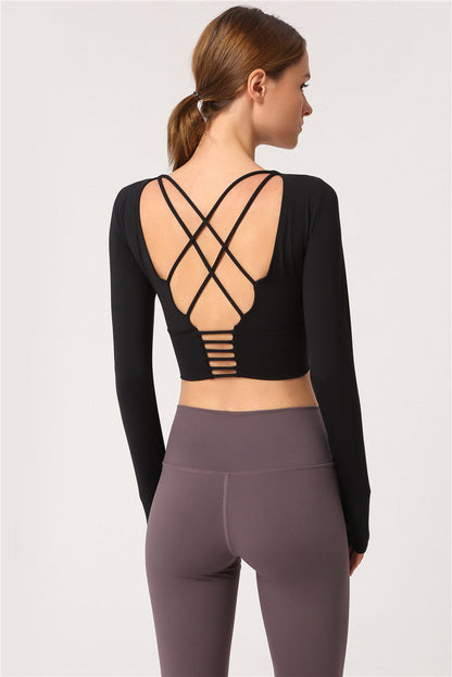 Open Navel Sports Long Sleeved Women'S High Elastic Tight Running Fitness Suit Beautiful Back Yoga Jacket