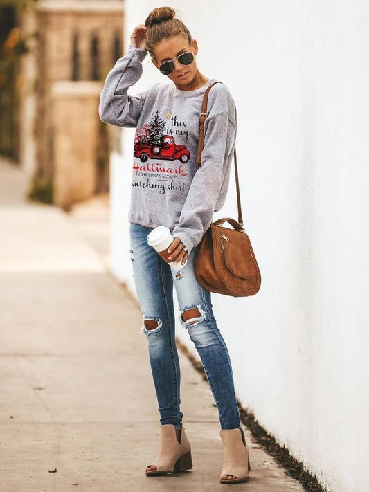 Printed Round Neck Long Sleeve Sweater
