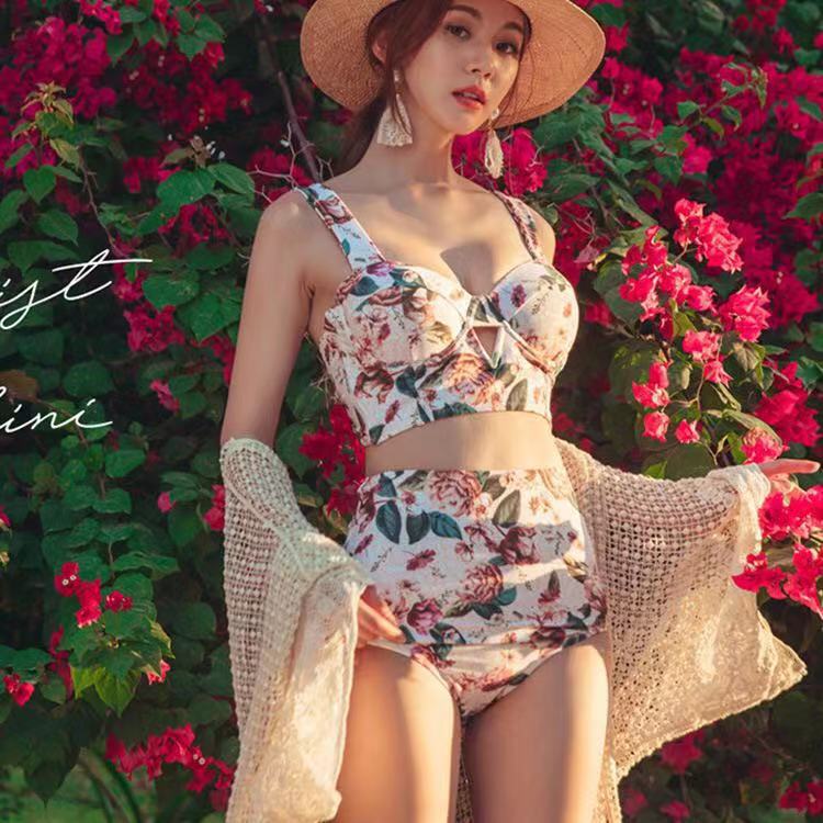 Split Swimsuit Women'S Floral Fresh Steel Support Gathering Slimming Hot Spring Bikini
