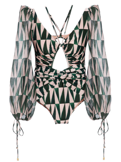 Sexy Gathered One-Piece Printed Bikini Swimsuit Women'S Long-Sleeved Swimsuit Women'S Swimsuit