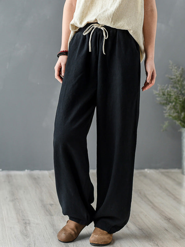 Simple Ramie Cotton Elasticity Waist Loose Knickerbockers&Capri-Pants