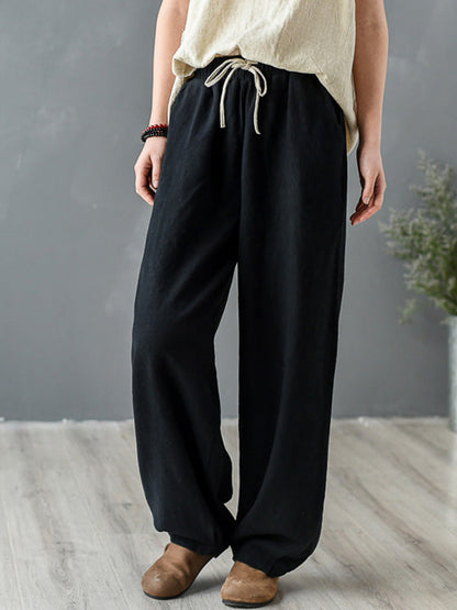 Simple Ramie Cotton Elasticity Waist Loose Knickerbockers&Capri-Pants