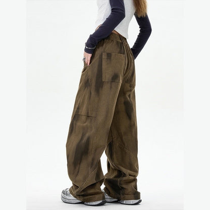 Distressed Tie-Dye Cargo Pants Wide Straight Longline Unisex Design