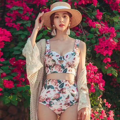 Split Swimsuit Women'S Floral Fresh Steel Support Gathering Slimming Hot Spring Bikini