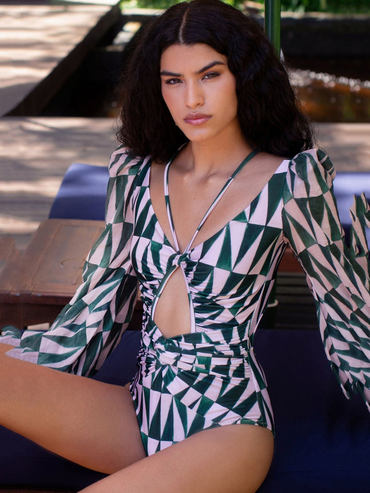 Sexy Gathered One-Piece Printed Bikini Swimsuit Women'S Long-Sleeved Swimsuit Women'S Swimsuit
