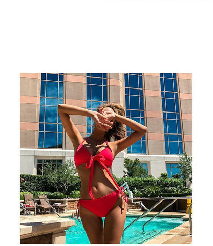 Solid Color Red Swimsuit Women Split Bikini Chest Strap High Waist Cover Belly Ins Style Show Thin Sexy Hot Spring Swimsuit