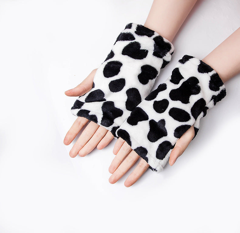 Trendy Warm Leopard Print Plush Fingerless Gloves