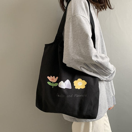 Hill And Flower Print Canvas Bag
