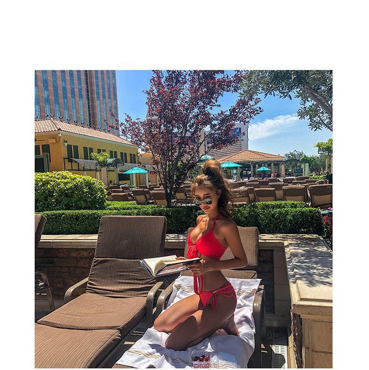 Solid Color Red Swimsuit Women Split Bikini Chest Strap High Waist Cover Belly Ins Style Show Thin Sexy Hot Spring Swimsuit