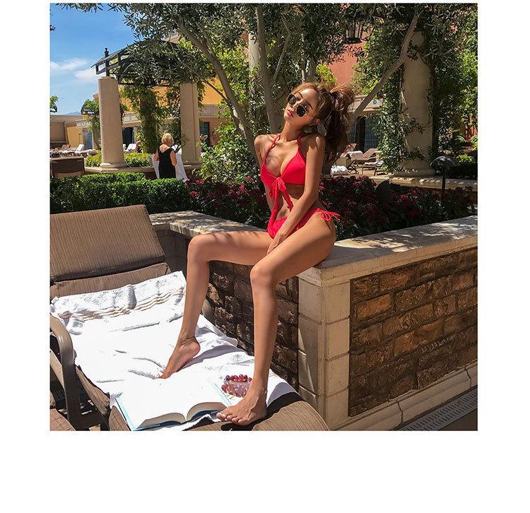 Solid Color Red Swimsuit Women Split Bikini Chest Strap High Waist Cover Belly Ins Style Show Thin Sexy Hot Spring Swimsuit