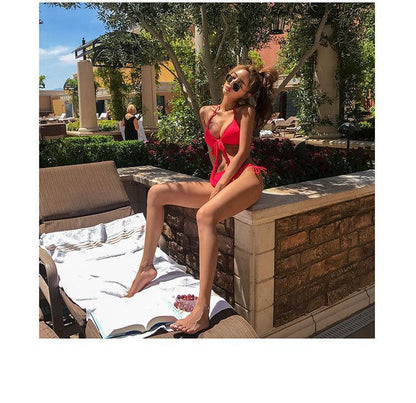 Solid Color Red Swimsuit Women Split Bikini Chest Strap High Waist Cover Belly Ins Style Show Thin Sexy Hot Spring Swimsuit