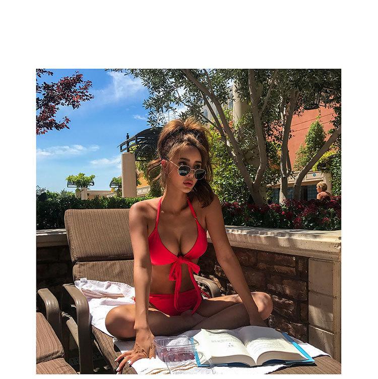 Solid Color Red Swimsuit Women Split Bikini Chest Strap High Waist Cover Belly Ins Style Show Thin Sexy Hot Spring Swimsuit